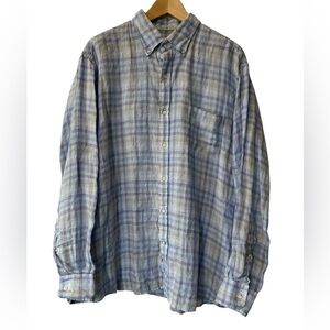 Peter Millar Mens Large Linen Button down shirt. Blue plaid.